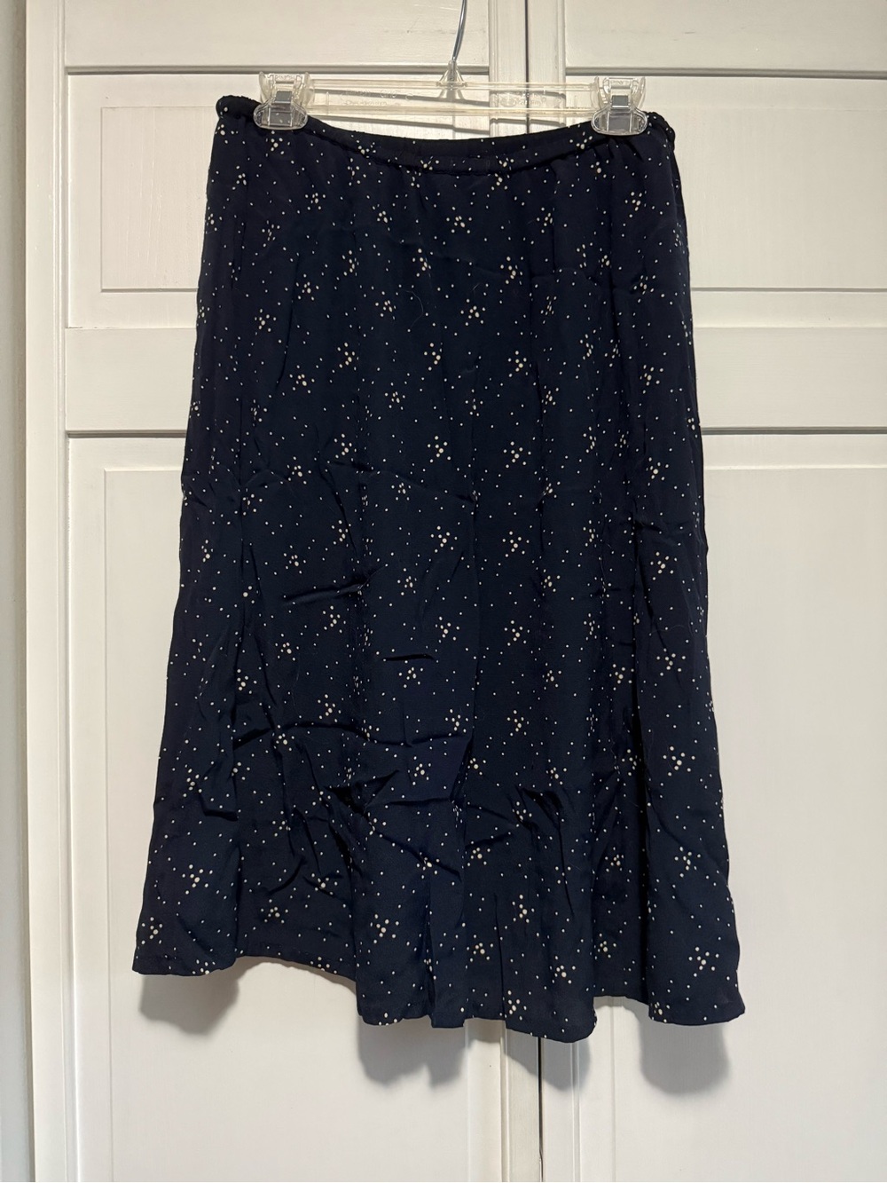 L.L. Bean Navy Blue A-Line Midi Skirt with White Dot Print